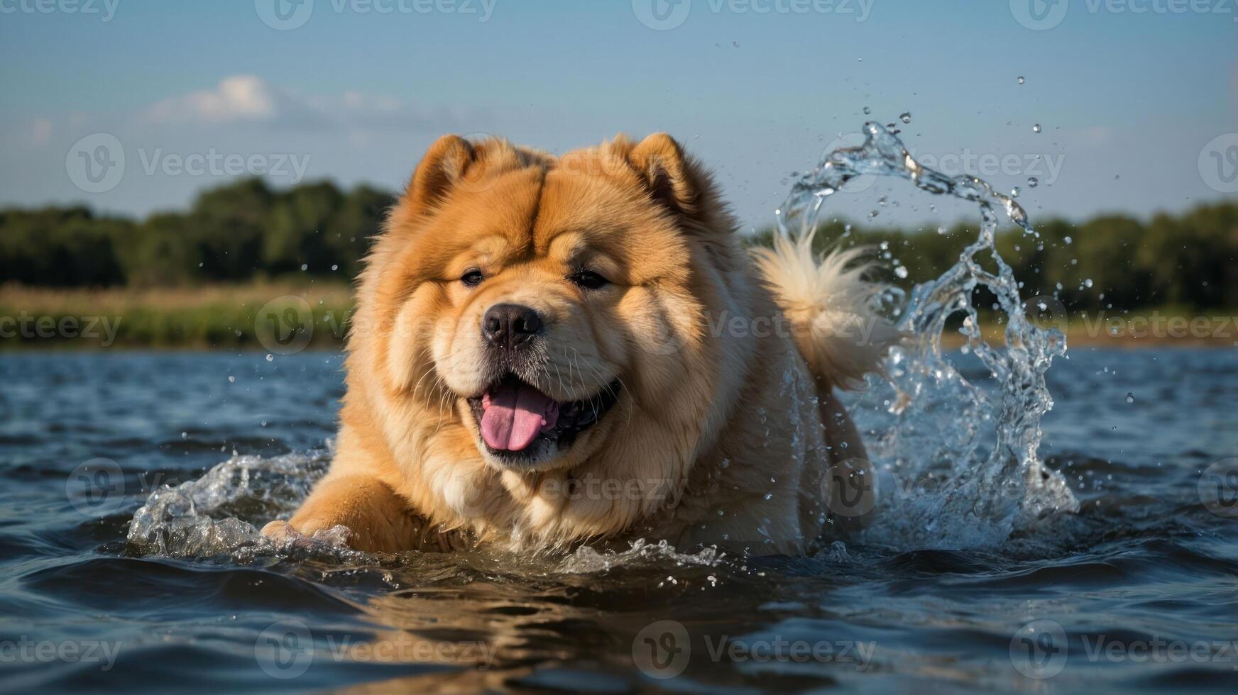 A fluffy dog joyfully splashes in a calm body of water under a clear sky. photo