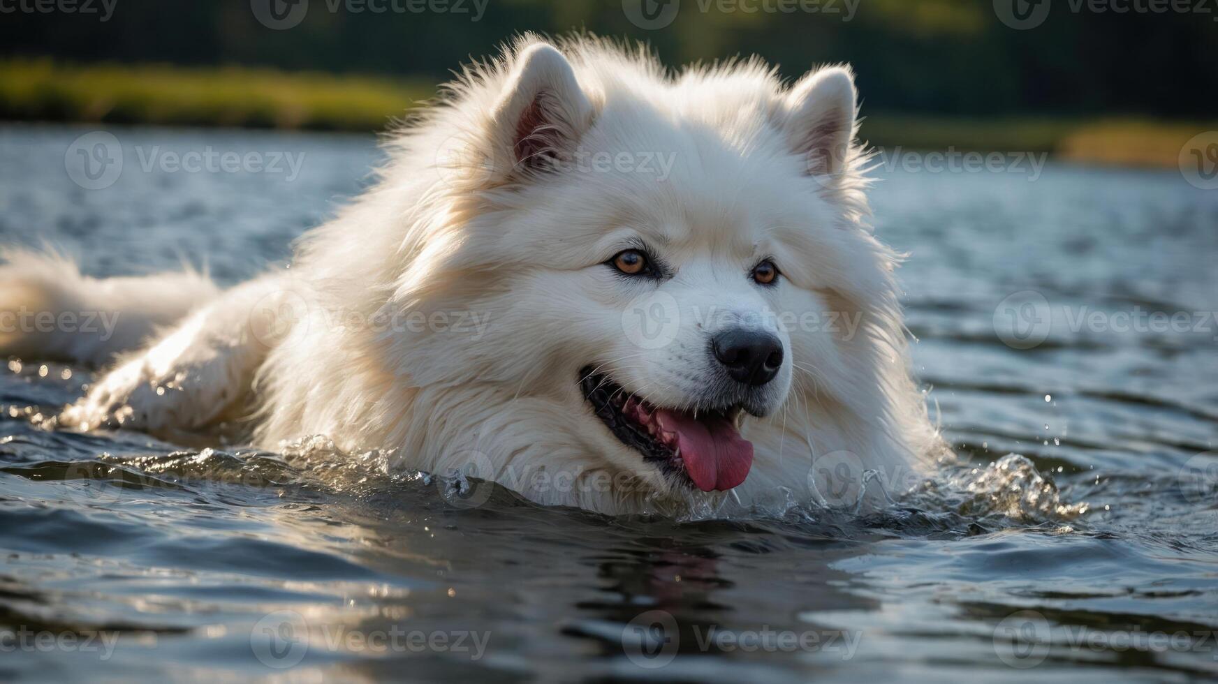 A fluffy white dog swimming in a serene lake, enjoying a sunny day outdoors. photo