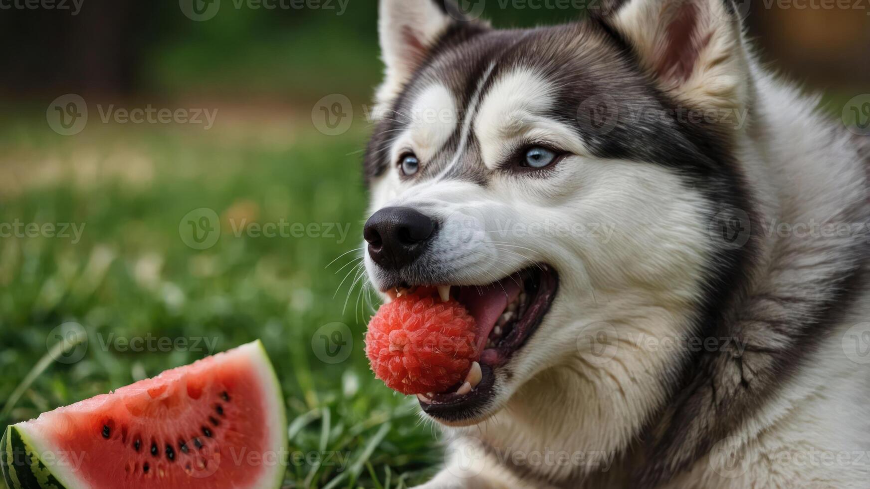 A playful dog enjoying a raspberry while sitting beside a slice of watermelon. photo