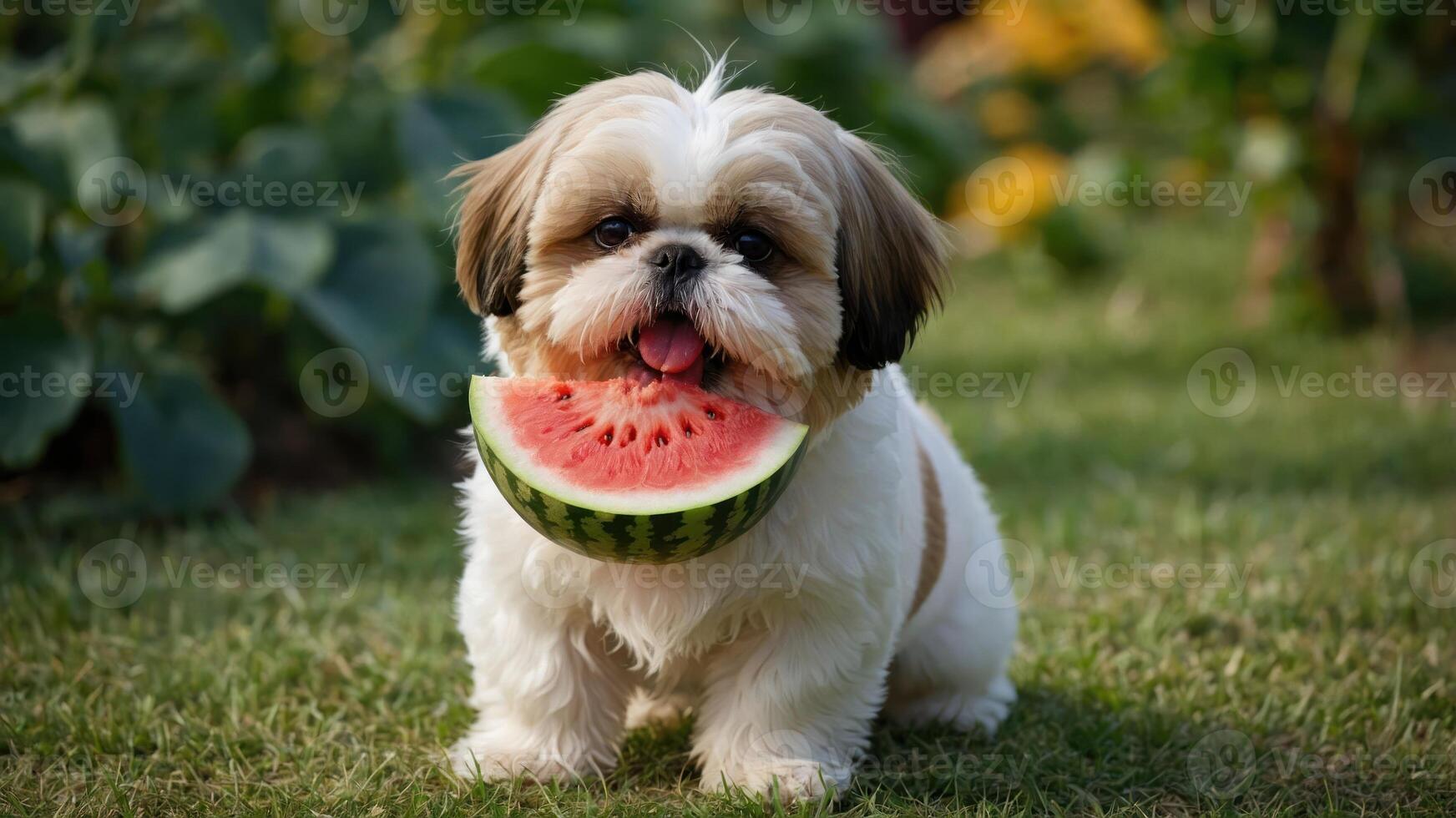 A playful dog holds a slice of watermelon in its mouth, enjoying a sunny day outdoors. photo