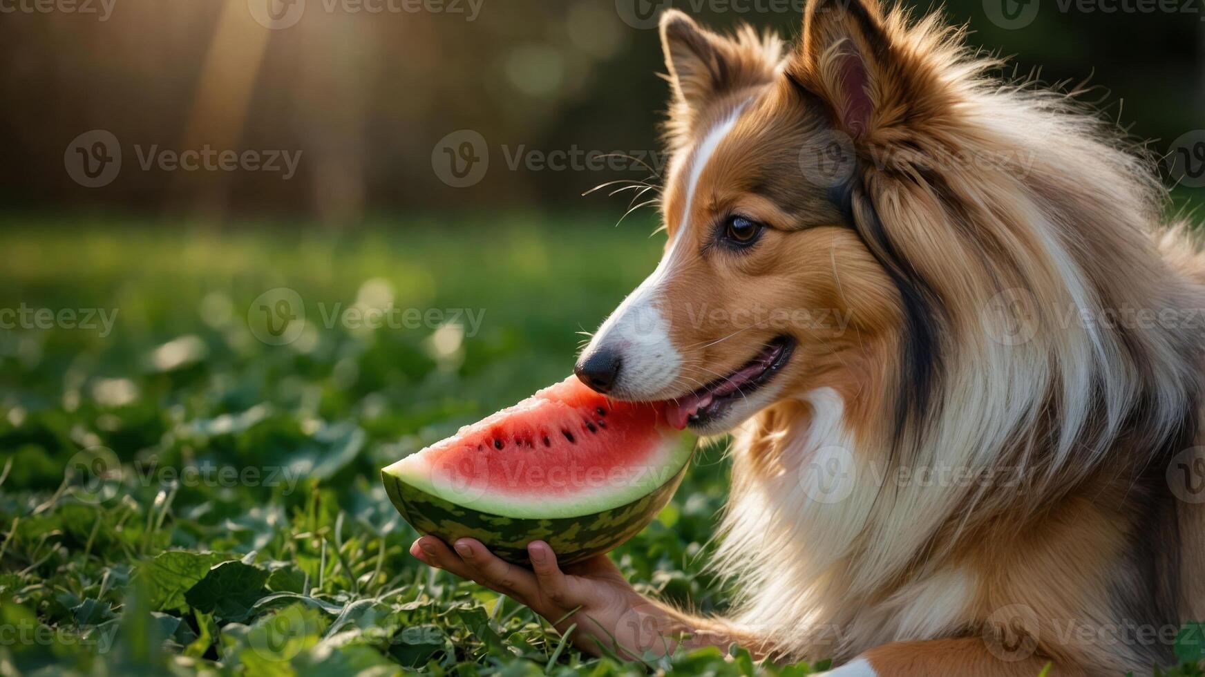 A dog enjoying a slice of watermelon in a grassy field during sunset. photo