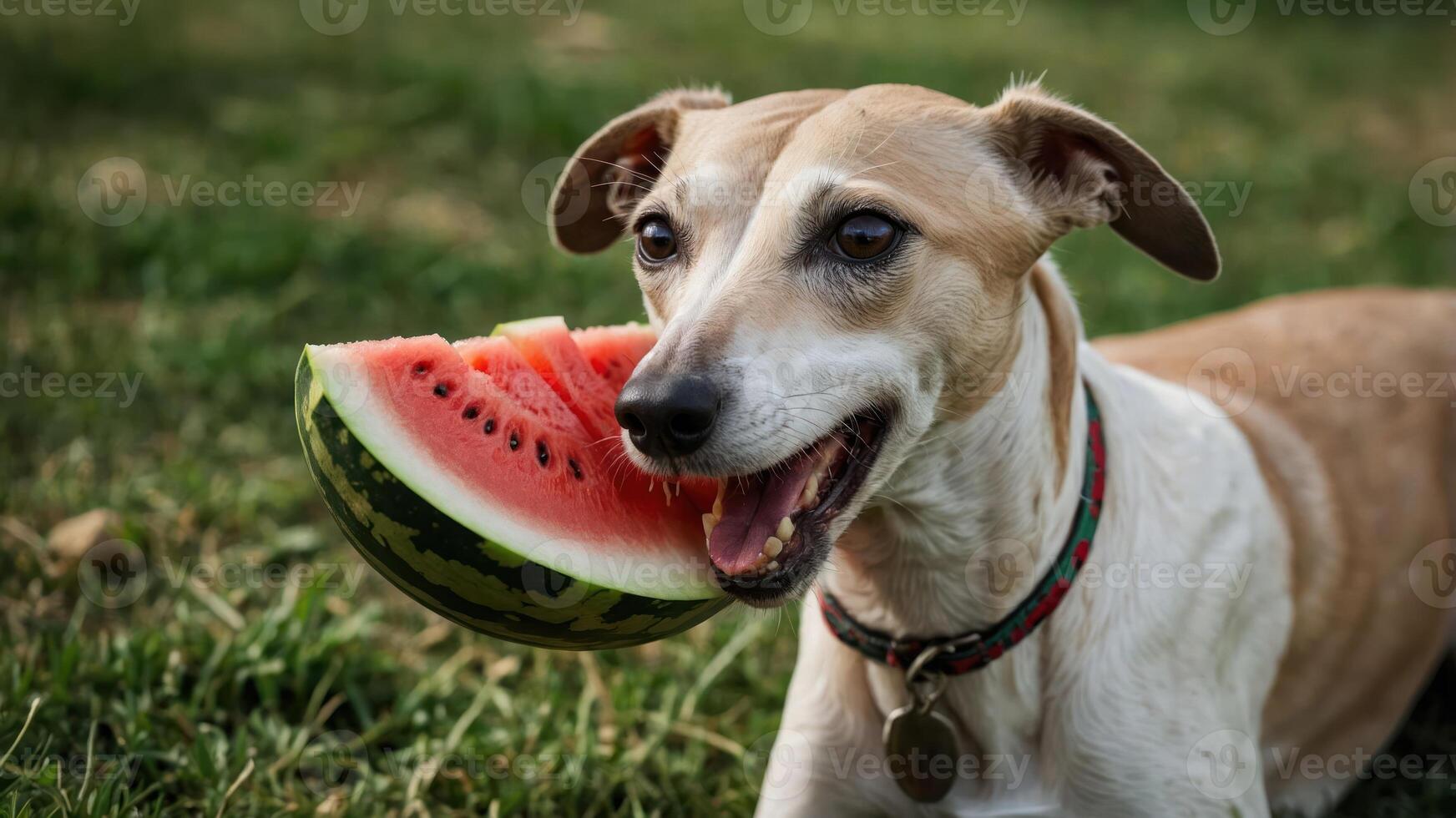 A playful dog joyfully carrying a slice of watermelon in its mouth outdoors. photo