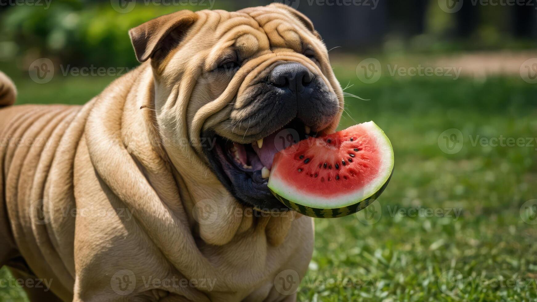 A playful dog happily holds a slice of watermelon in its mouth while outdoors. photo