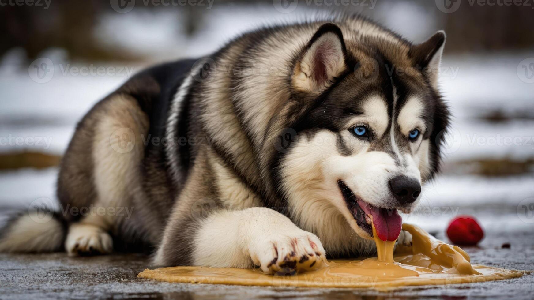 A husky dog enjoying a puddle of liquid on a snowy surface. photo
