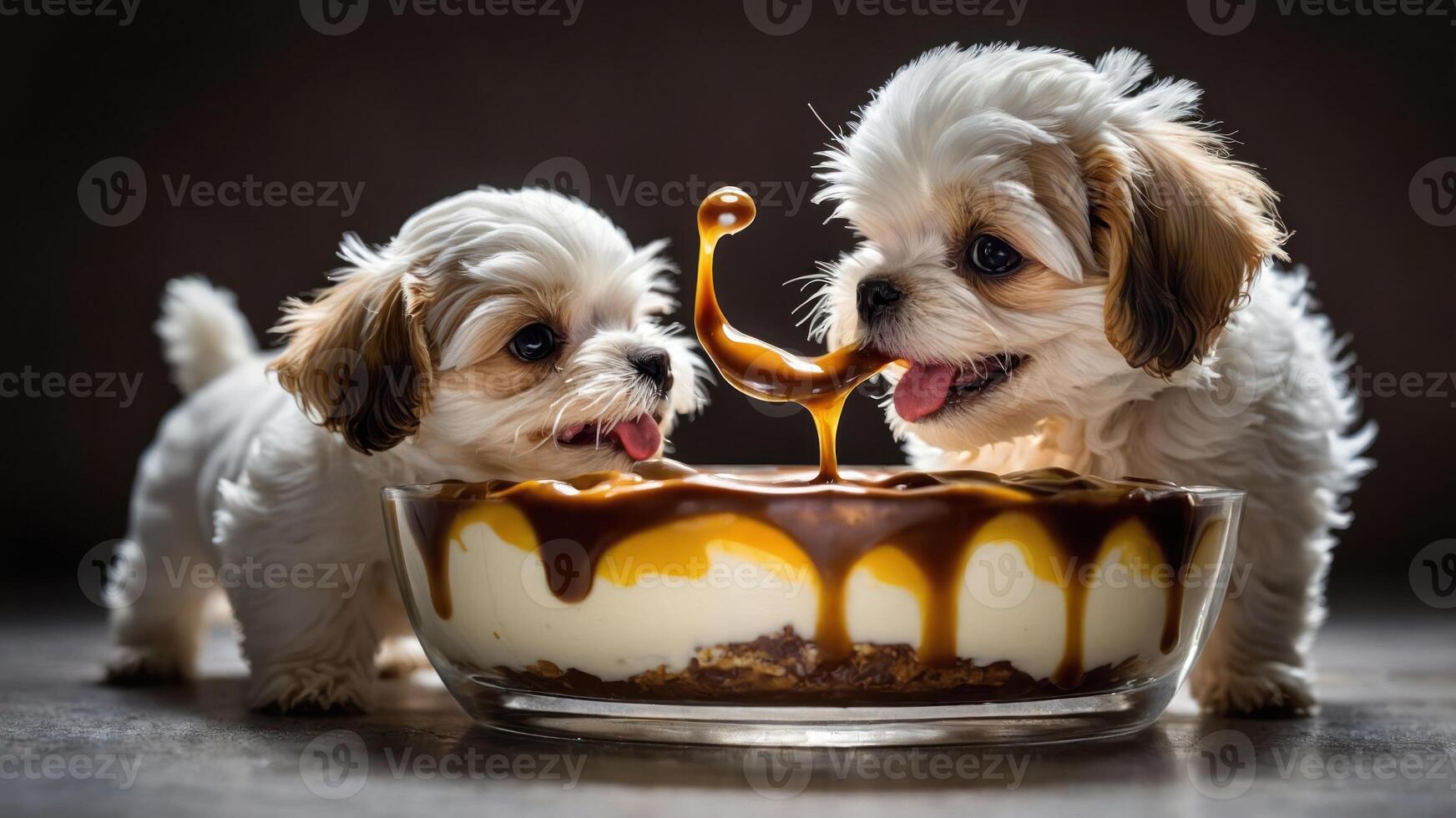 Two playful puppies enjoying a dessert together, creating a cute and joyful scene. photo