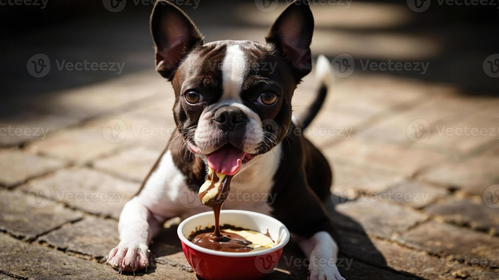 A playful dog enjoying a bowl of dessert outdoors. photo