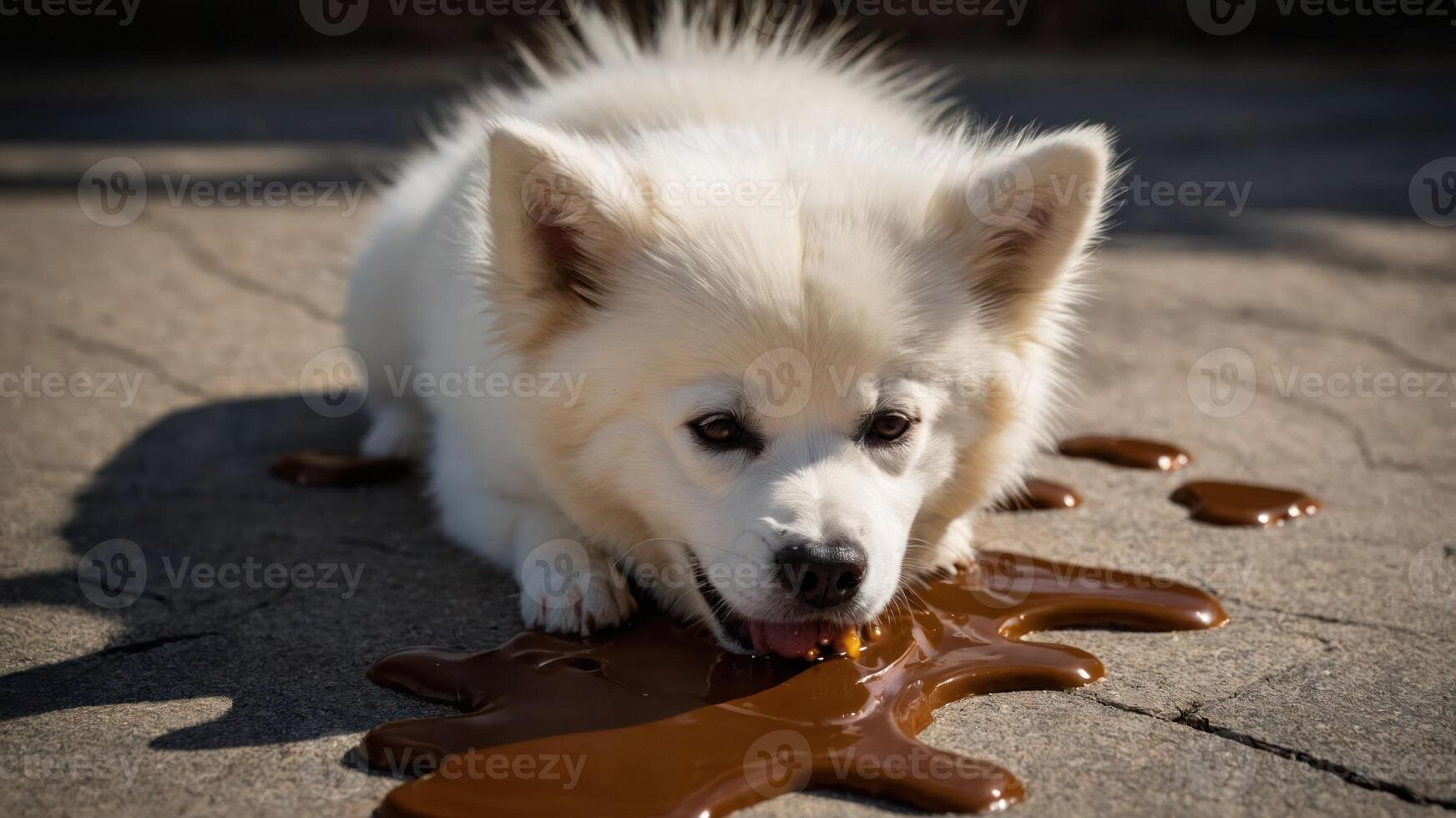 A fluffy white dog licking up a puddle of chocolate on a concrete surface. photo