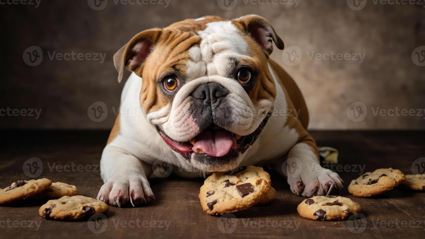 A playful bulldog surrounded by chocolate chip cookies, showcasing a fun and adorable scene. photo