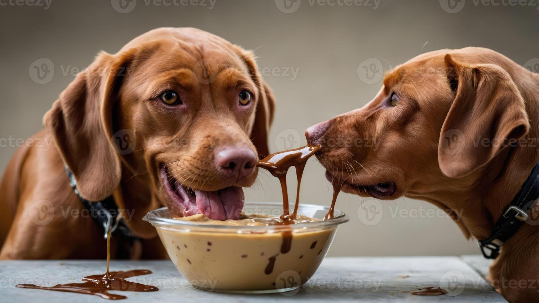 Two dogs sharing a bowl of dessert, playfully enjoying a treat together. photo