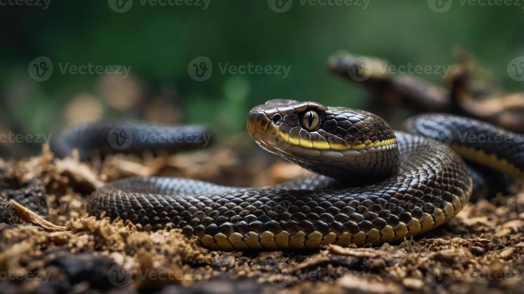 A close-up of a snake resting on the ground, showcasing its scales and environment. photo