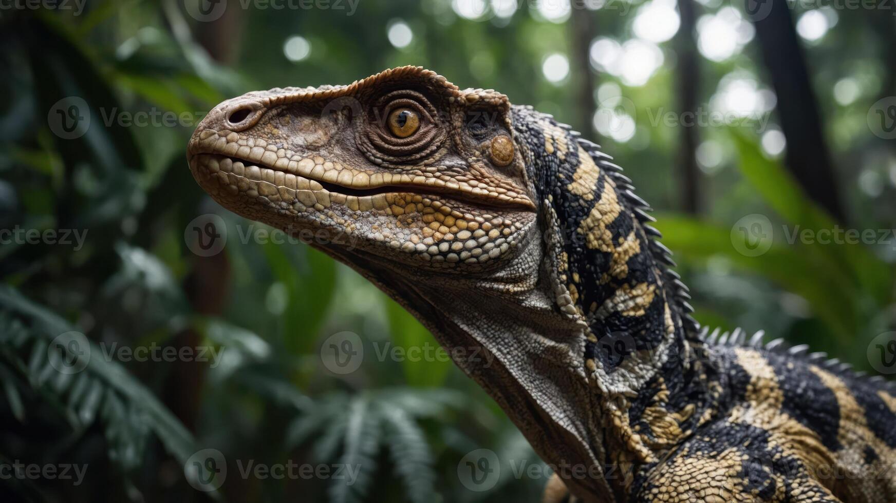 A close-up of a dinosaur-like creature in a lush, green environment. photo