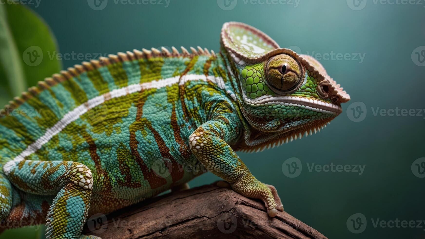 A vibrant chameleon perched on a branch, showcasing its colorful scales and unique features. photo