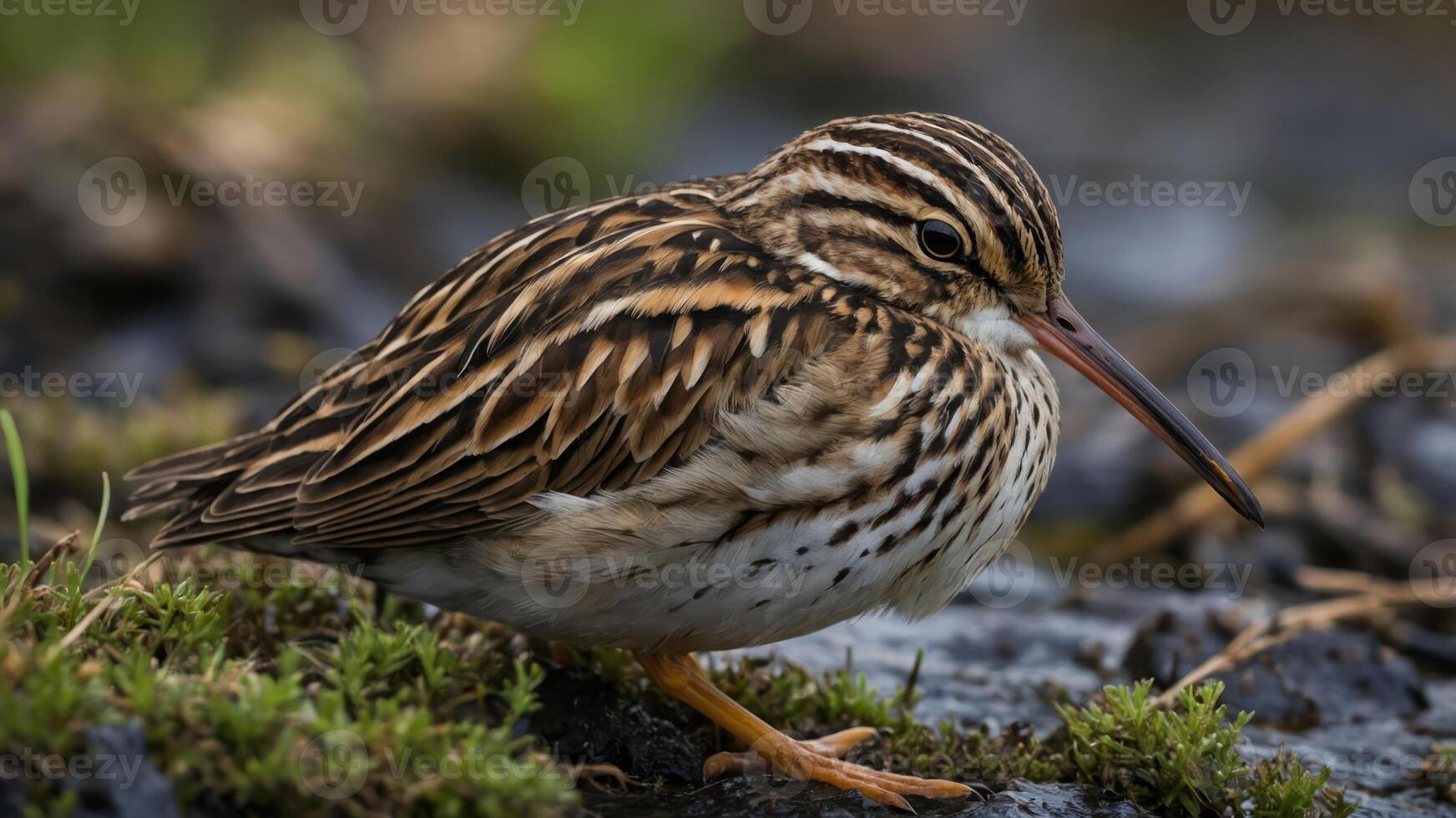 A close-up of a striped bird standing on the ground amidst greenery. photo