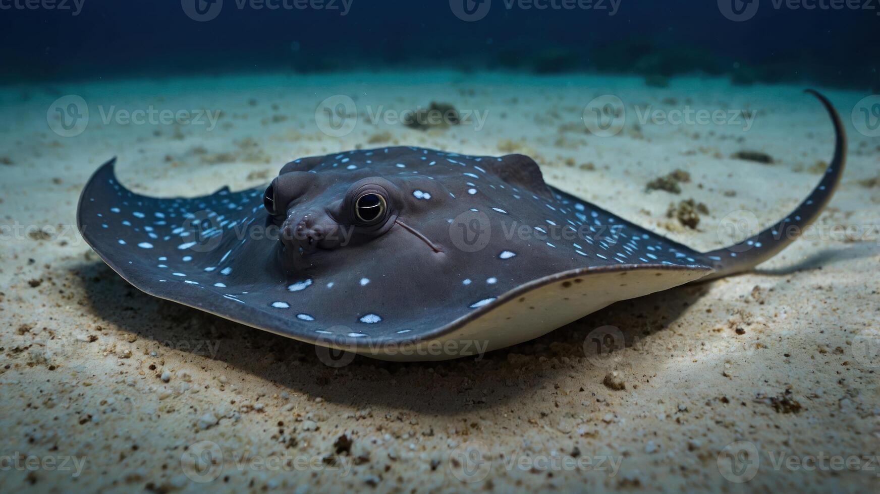 A close-up of a stingray resting on the sandy ocean floor. photo