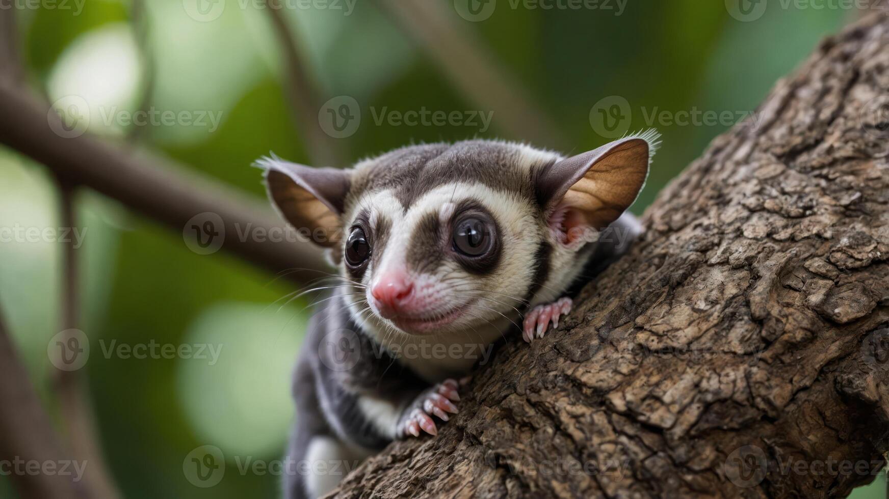 A close-up of a cute sugar glider perched on a tree branch. photo