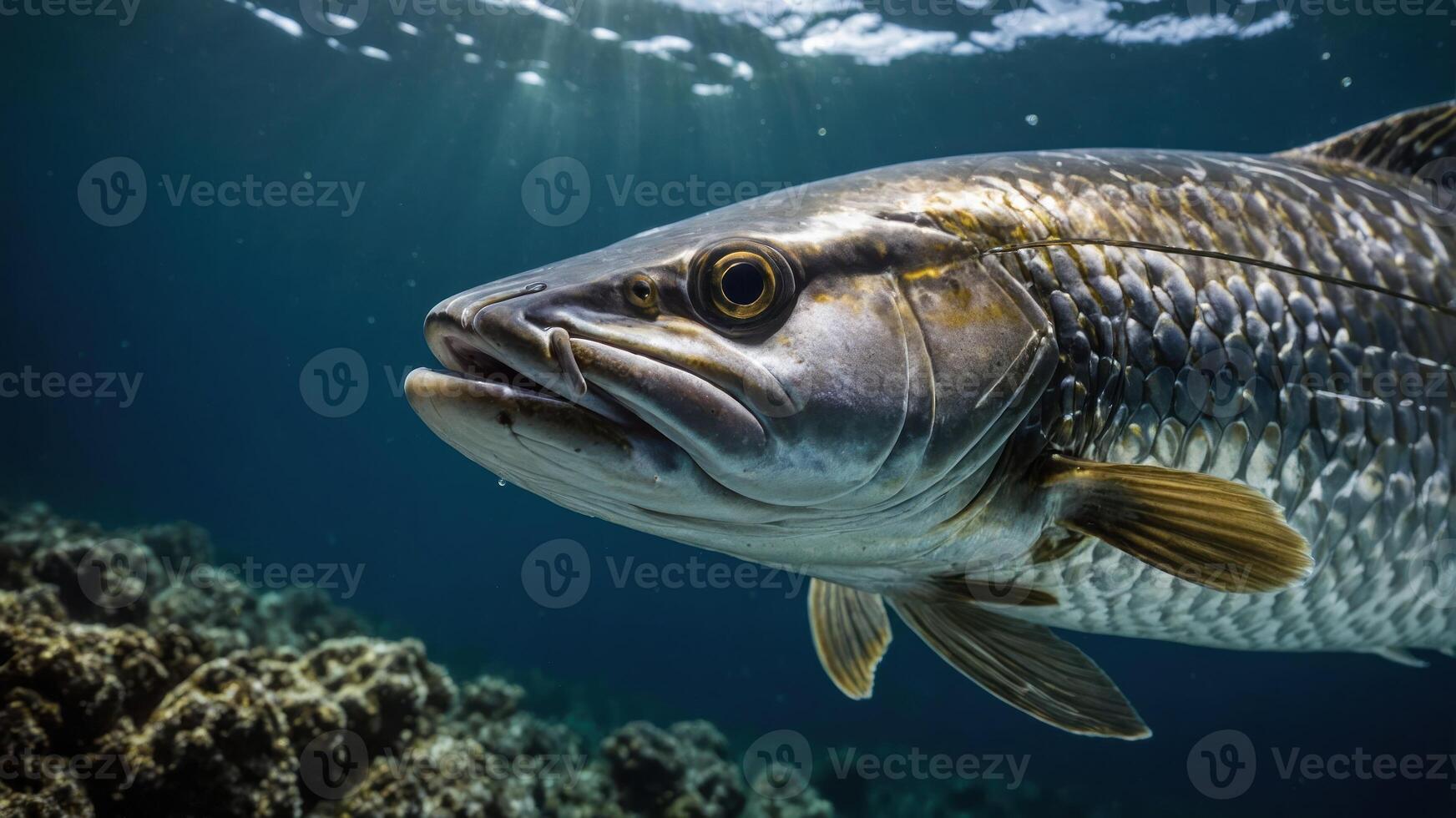 A close-up of a fish swimming underwater near coral, showcasing marine life. photo