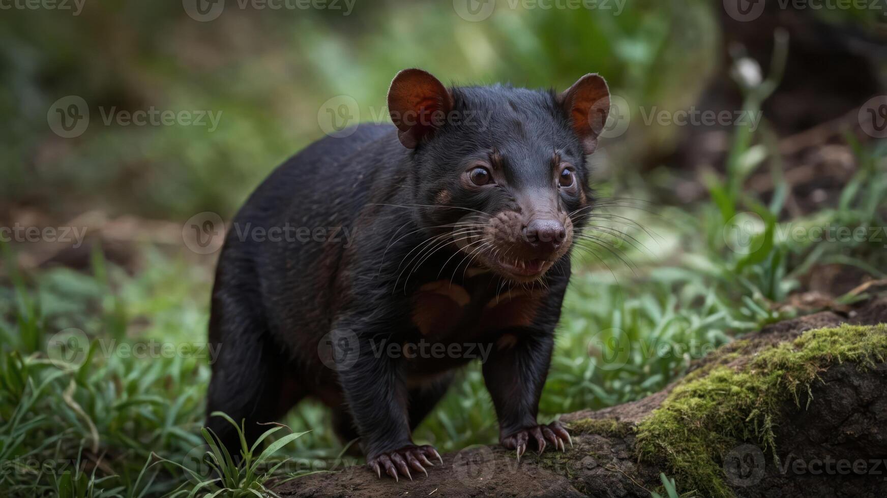 A Tasmanian devil stands on the ground amidst greenery. photo