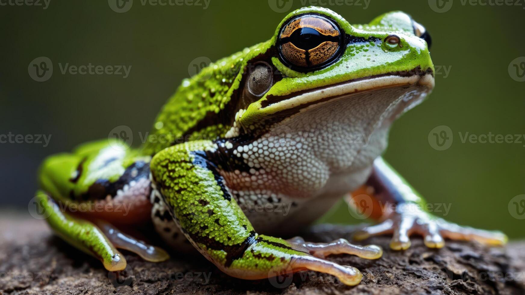 A close-up of a vibrant green frog perched on a log, showcasing its intricate patterns and colors. photo