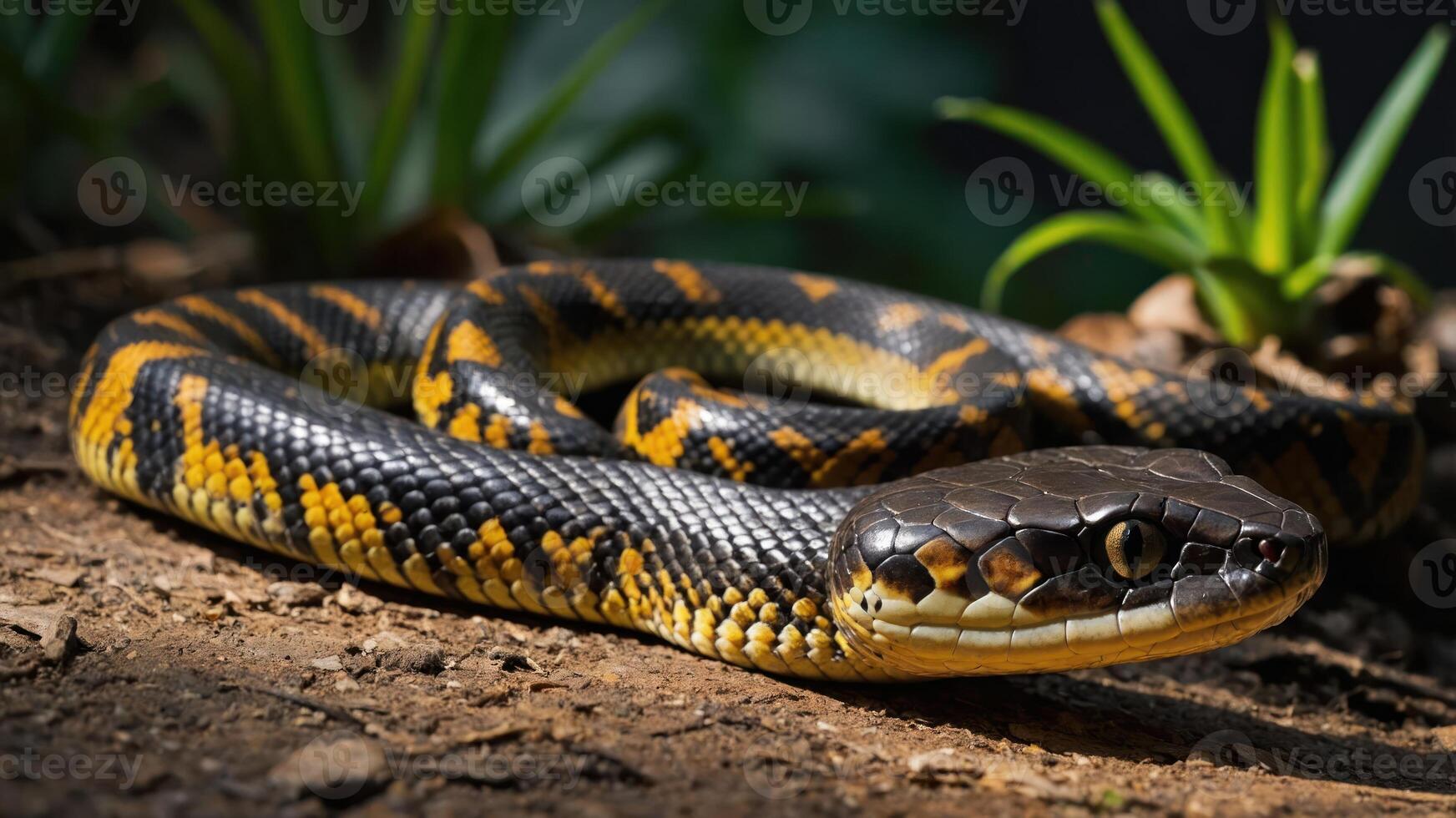A close-up of a vibrant snake resting on the ground amidst greenery. photo