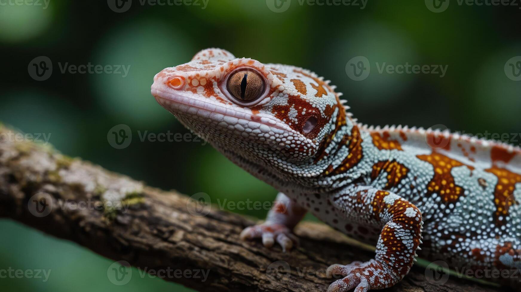 A close-up of a colorful gecko resting on a branch in a lush environment. photo