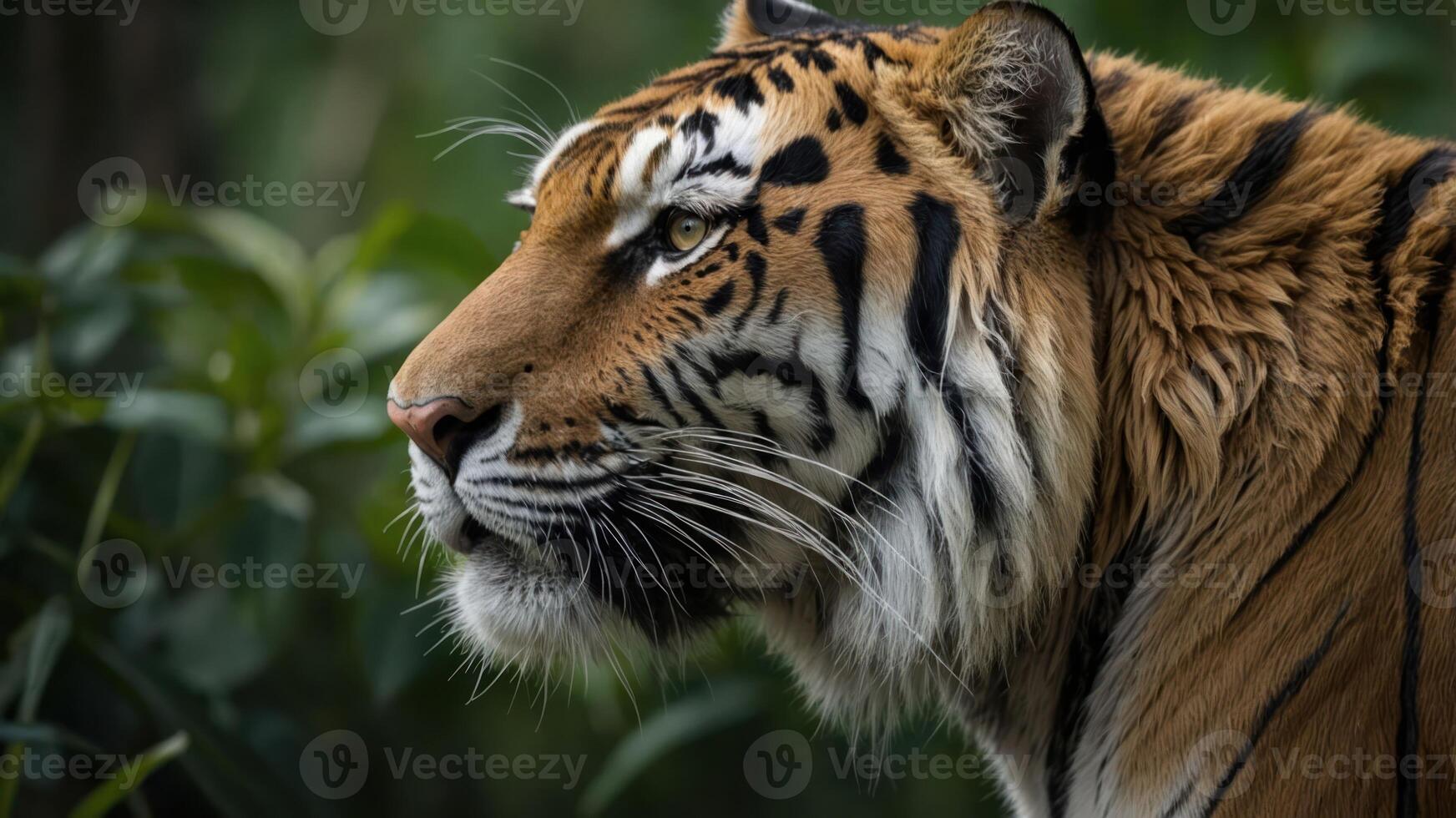 A close-up of a majestic tiger in profile, showcasing its striking fur and intense gaze. photo