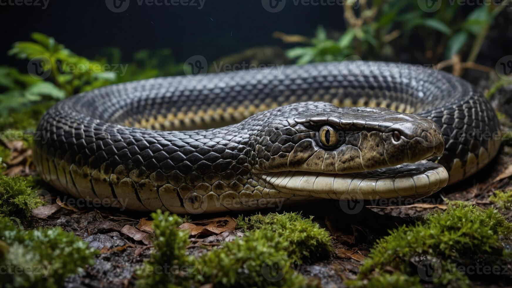 A close-up of a large snake resting on mossy ground in a natural habitat. photo