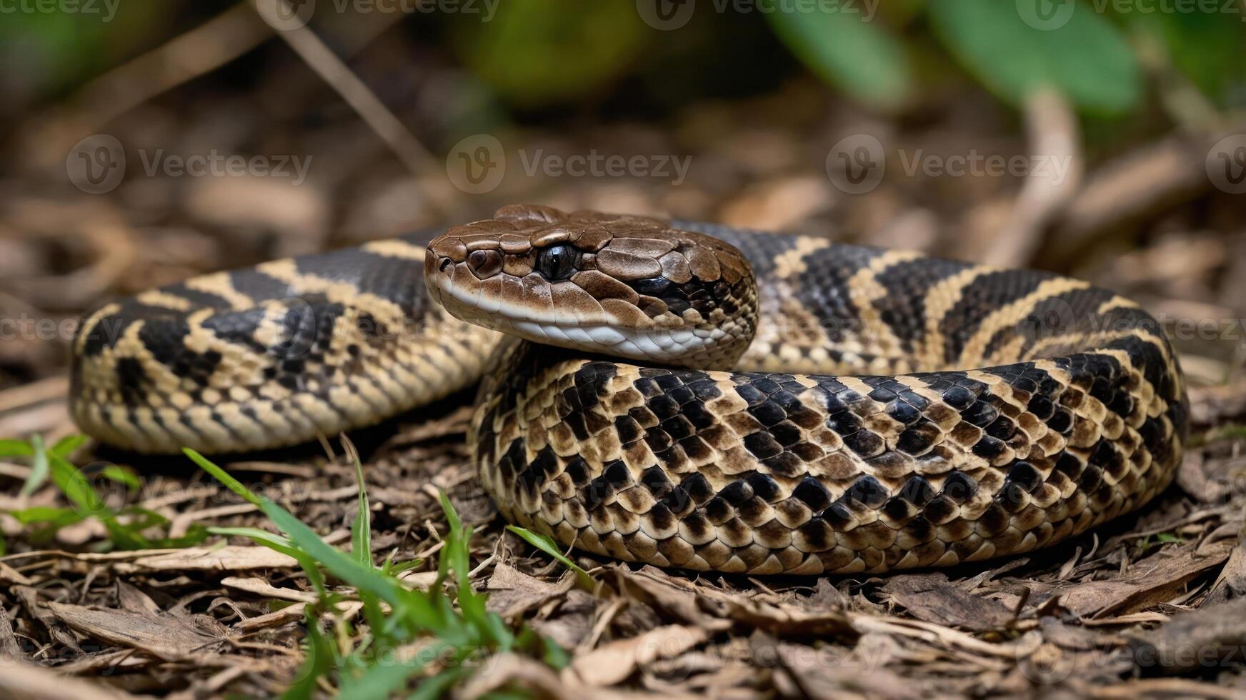 A close-up of a coiled snake resting on the forest floor among leaves and grass. photo