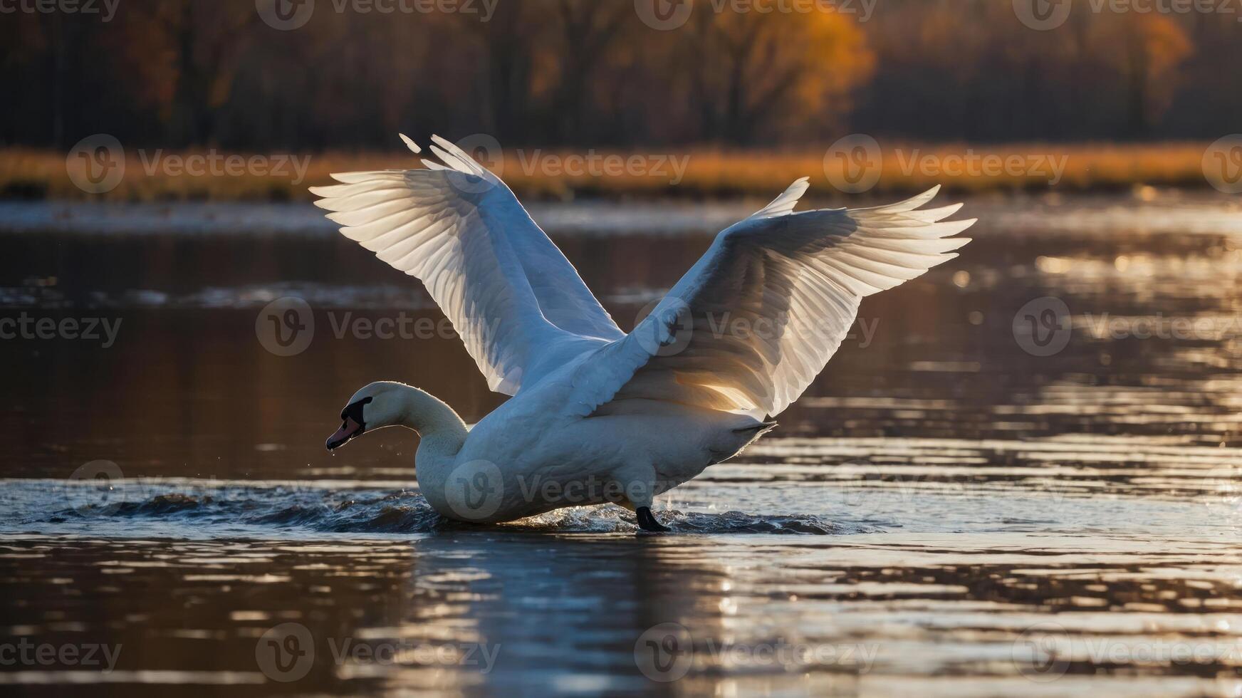 A graceful swan spreads its wings while gliding on a serene lake at sunset. photo