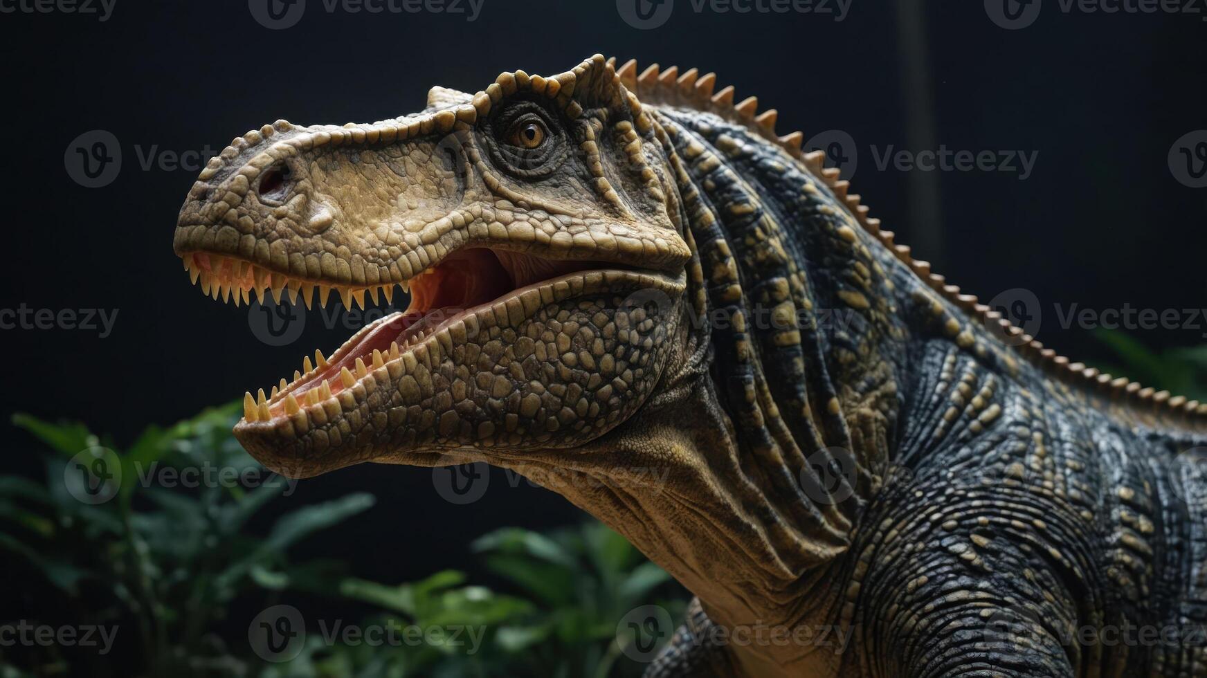 A detailed depiction of a dinosaur, showcasing its features in a naturalistic setting. photo