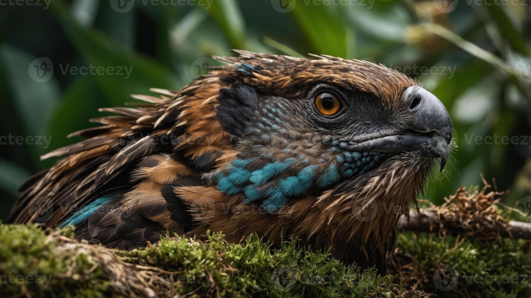 A close-up of a bird with vibrant feathers resting on moss amidst greenery. photo