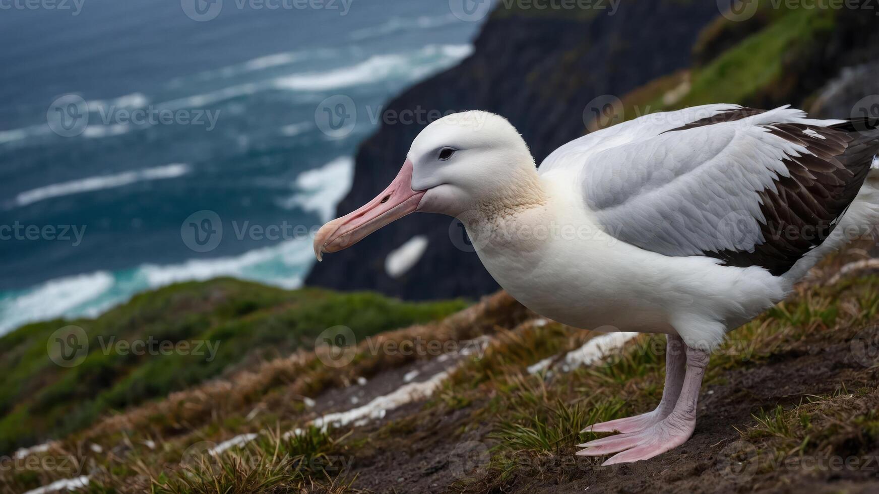 A close-up of an albatross near a coastal cliff overlooking the ocean. photo
