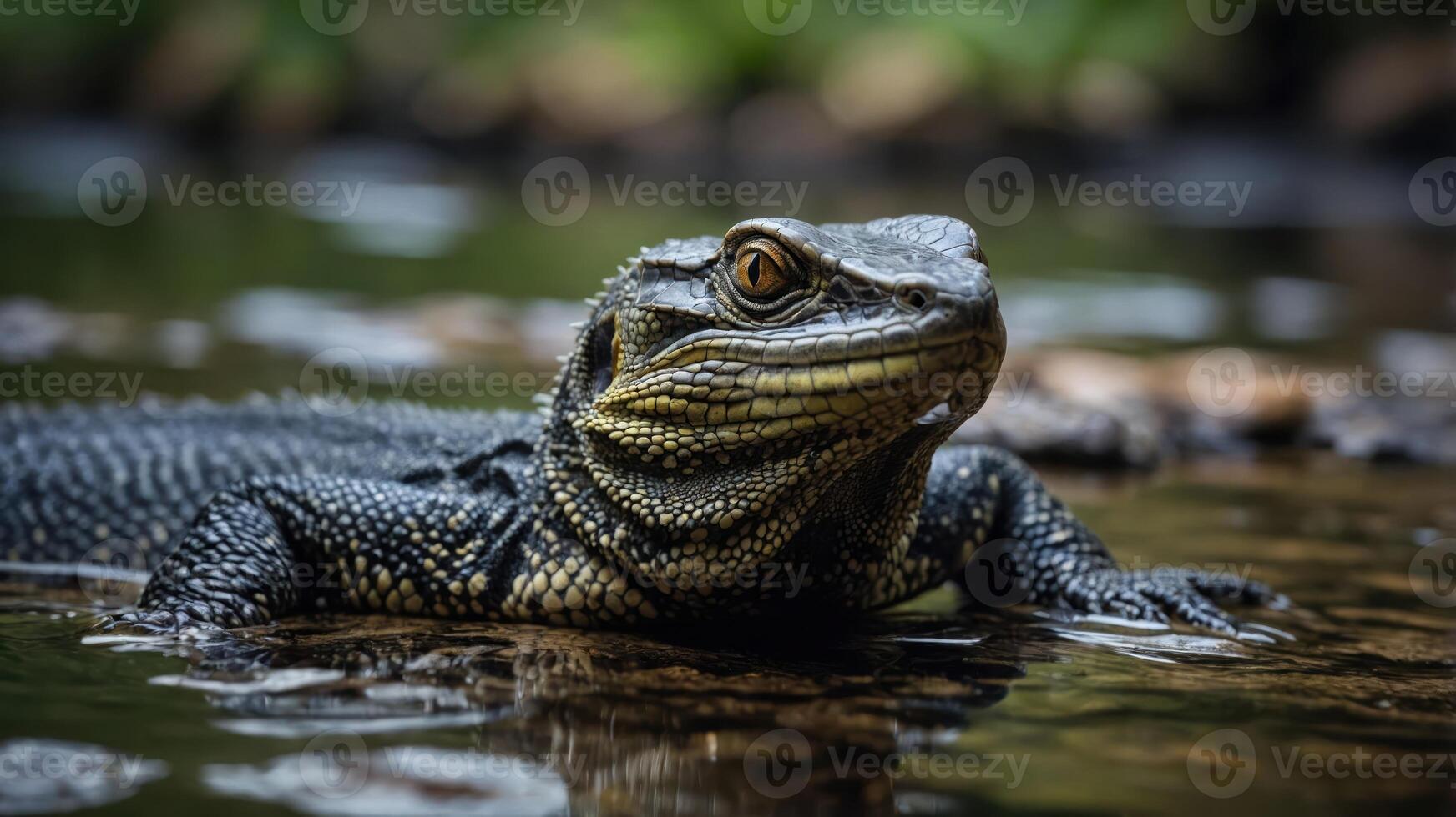 A close-up of a lizard partially submerged in water, showcasing its detailed scales. photo