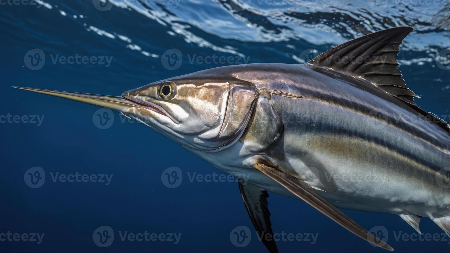 A close-up of a swordfish swimming in clear blue water. photo