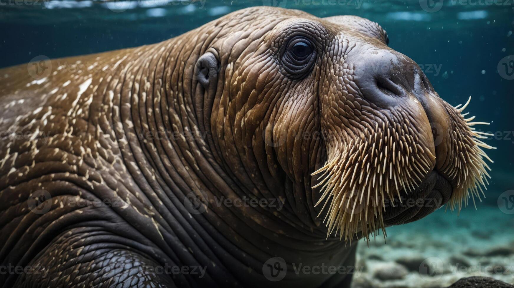 A close-up of a walrus underwater, showcasing its whiskers and expressive features. photo
