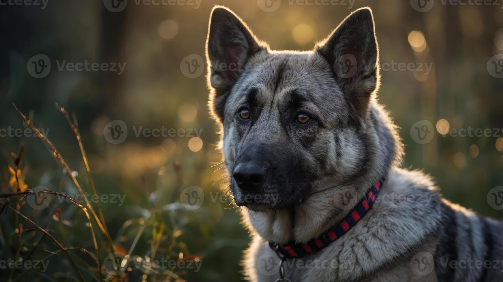 A close-up of a dog with a striking coat and attentive expression in a natural setting. photo