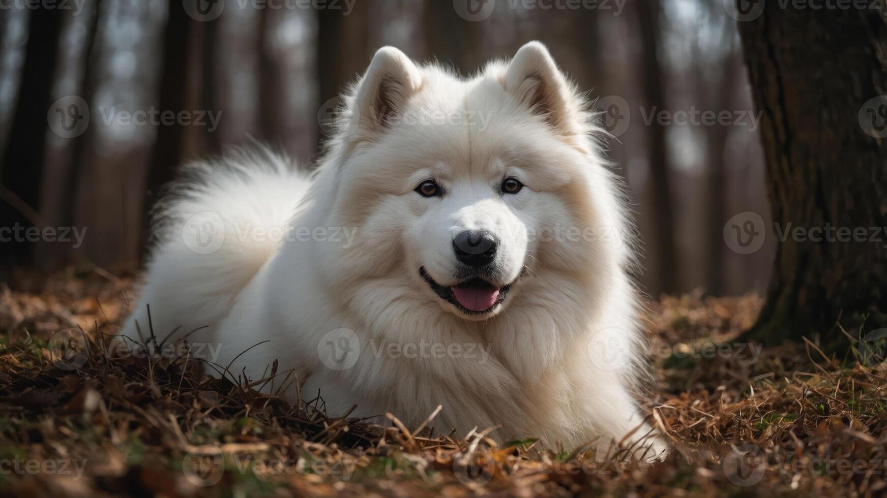 A fluffy white dog resting in a forest setting, showcasing its playful demeanor. photo