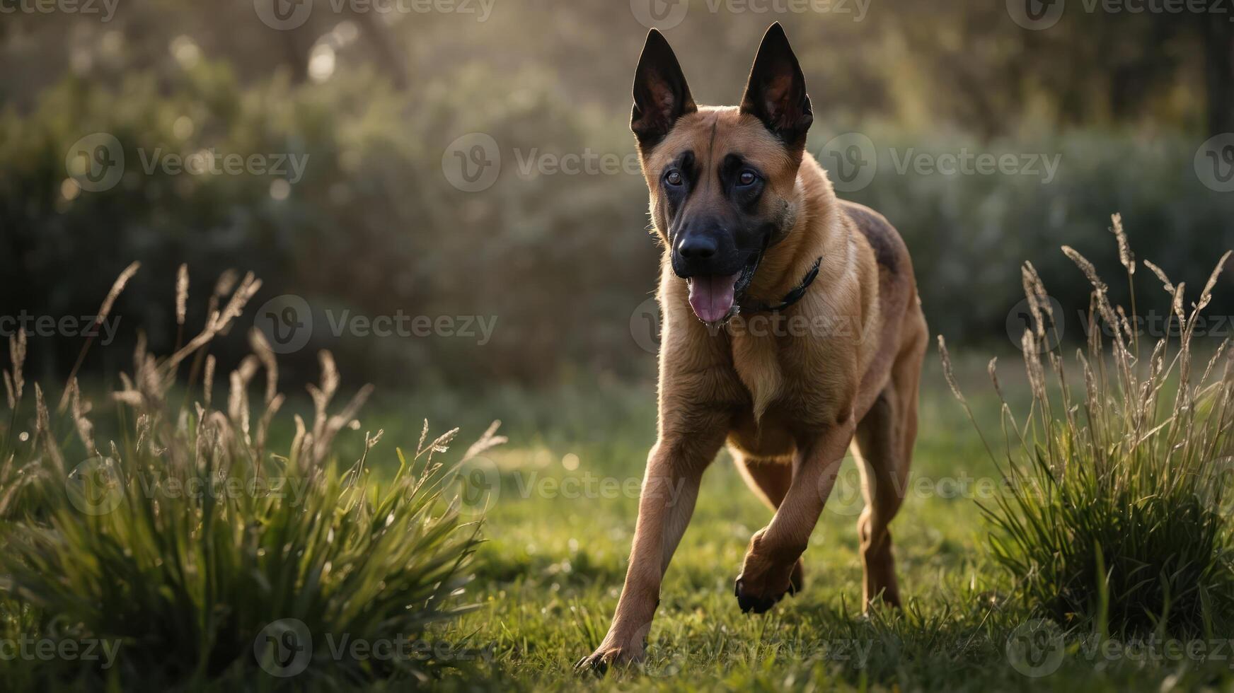 A dog running joyfully through a grassy field during golden hour. photo