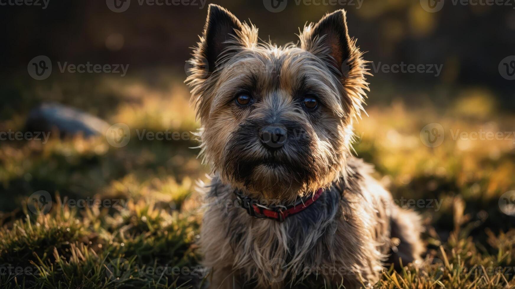 A close-up of a small, fluffy dog sitting on grass with a warm, blurred background. photo