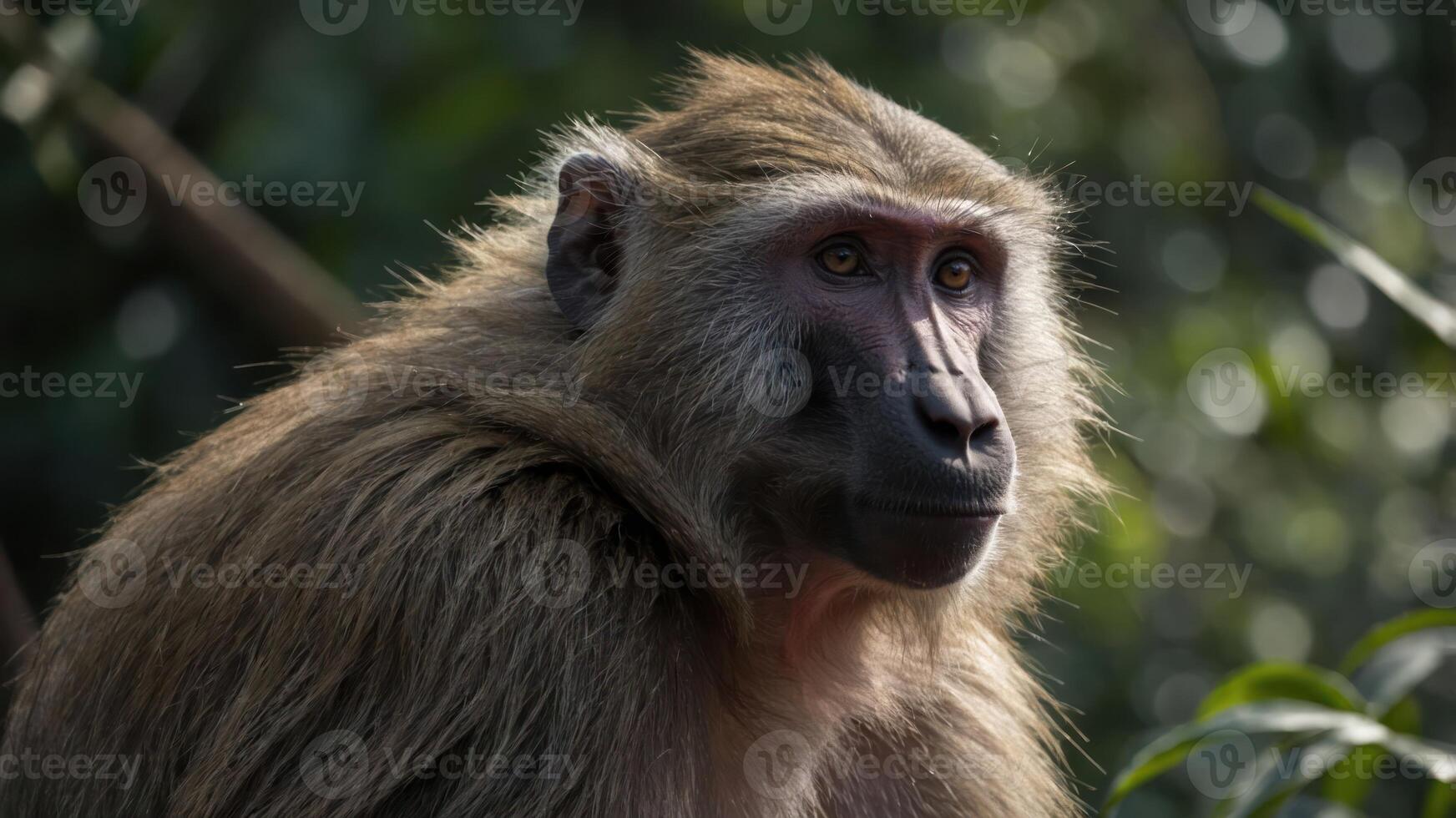 A close-up of a baboon showcasing its expressive features in a natural setting. photo