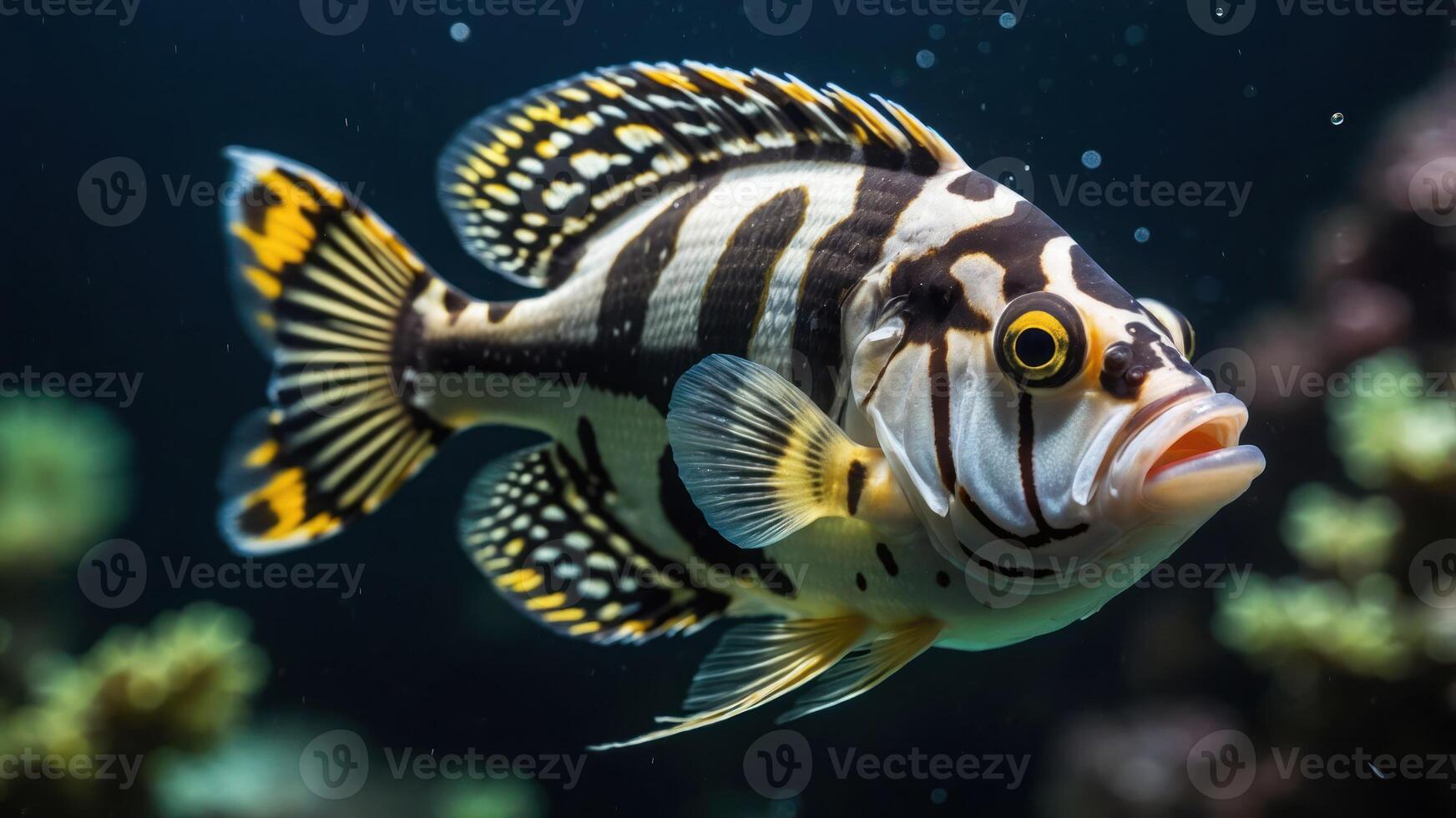 A vibrant fish with striking patterns swimming in a coral reef environment. photo