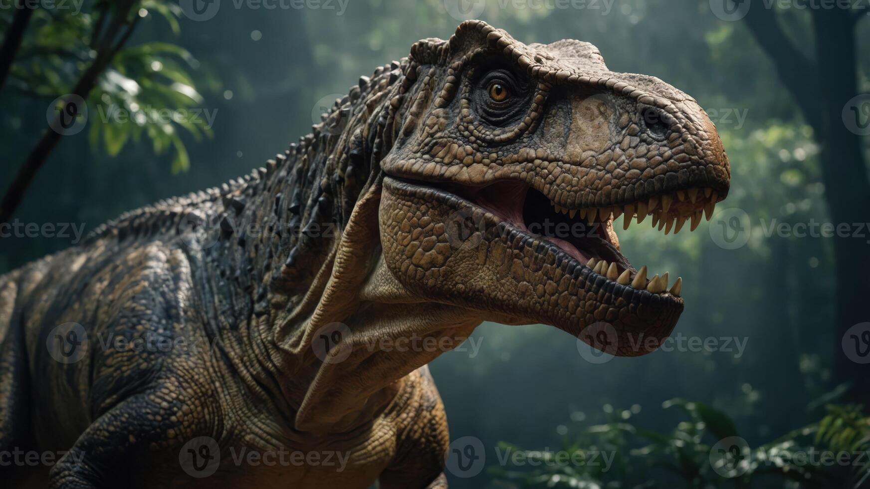 A realistic depiction of a Tyrannosaurus rex in a lush, prehistoric jungle setting. photo