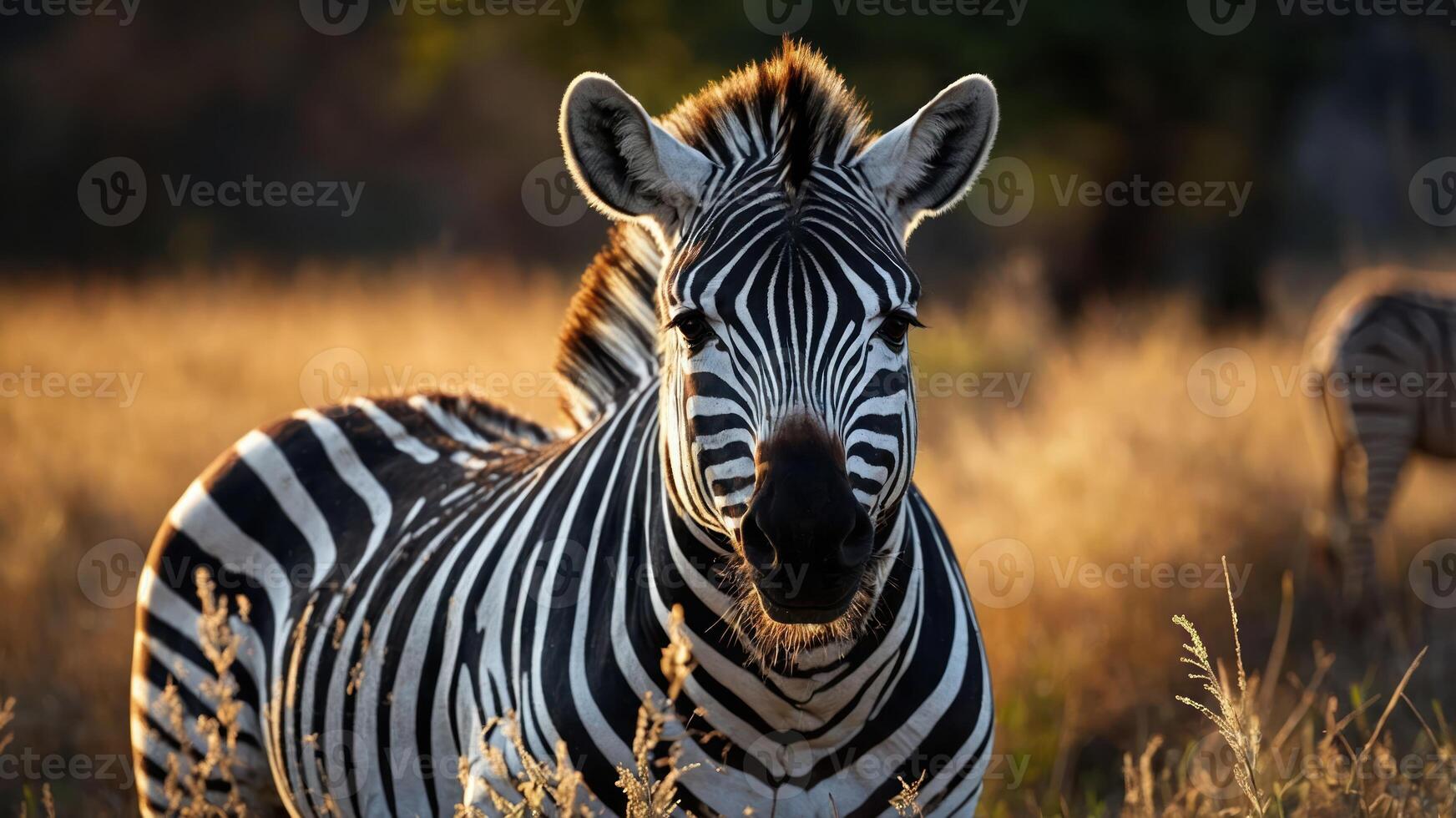 A close-up of a zebra in a grassy landscape, showcasing its distinctive black and white stripes. photo