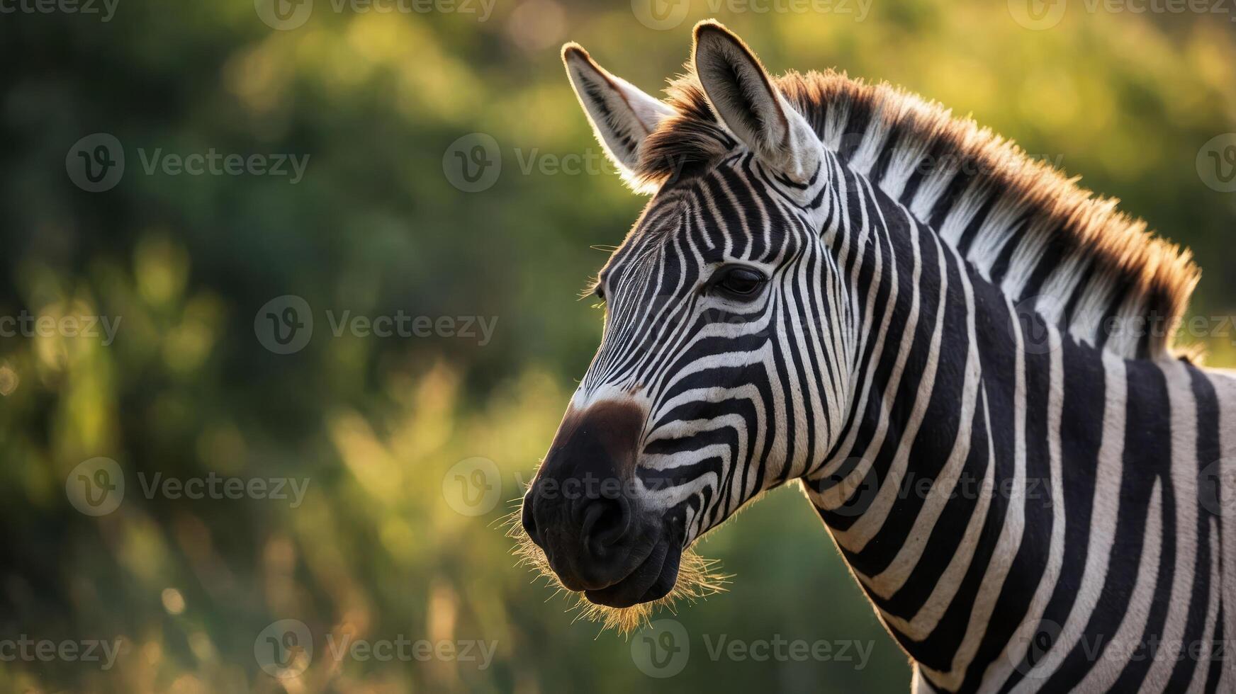 A close-up of a zebra in a natural setting, showcasing its distinctive black and white stripes. photo
