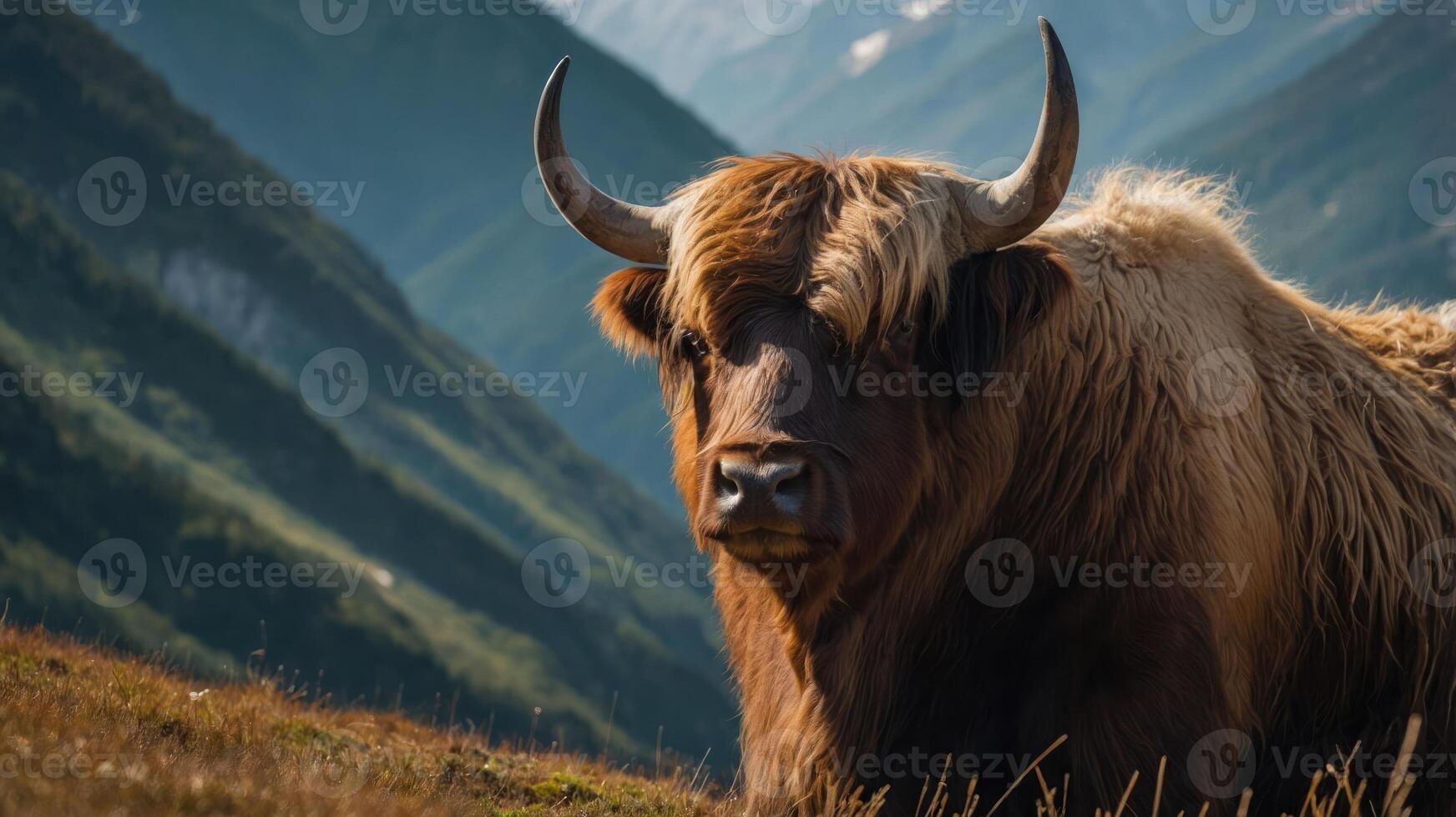 A Highland cow stands majestically in a mountainous landscape, showcasing its impressive horns. photo