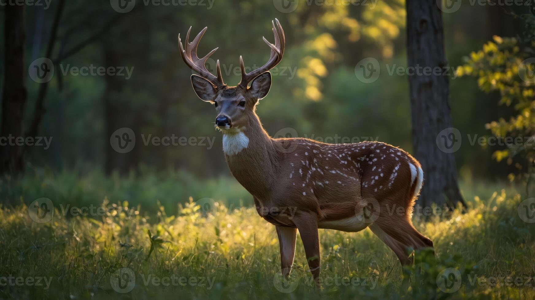 A deer stands gracefully in a sunlit forest clearing, highlighting nature's beauty. photo