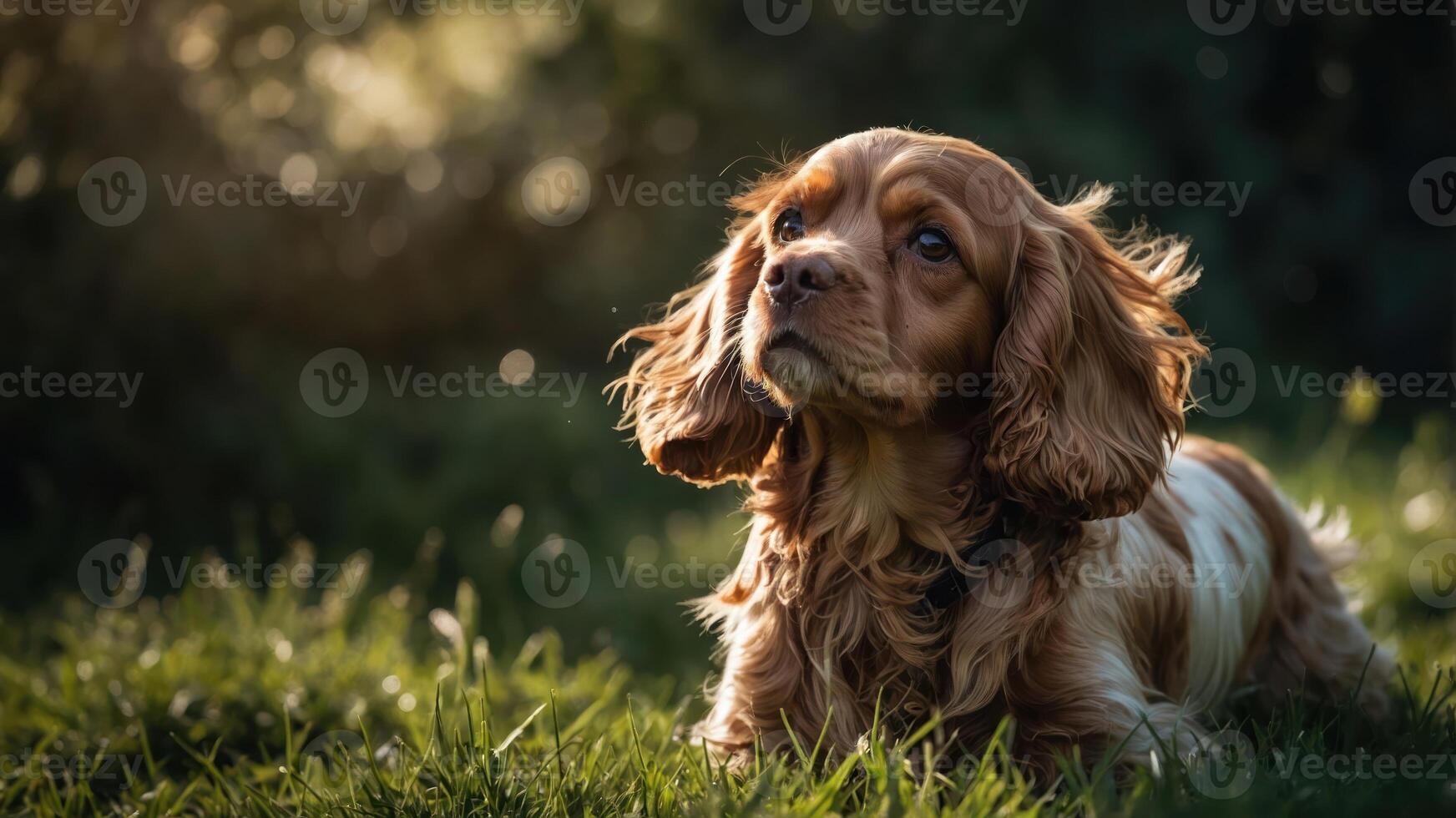 A brown dog resting on grass, gazing thoughtfully into the distance. photo