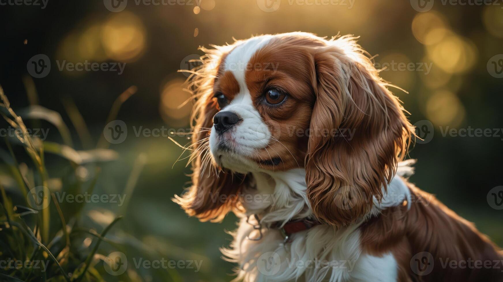 A close-up of a Cavalier King Charles Spaniel in a natural setting with soft lighting. photo