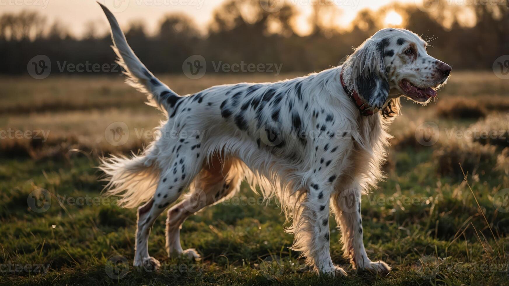 un hermosa perro soportes en un campo durante atardecer, exhibiendo sus manchado pelo. foto