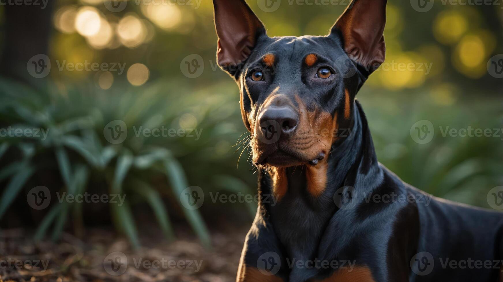 A close-up of a Doberman dog with a blurred natural background. photo