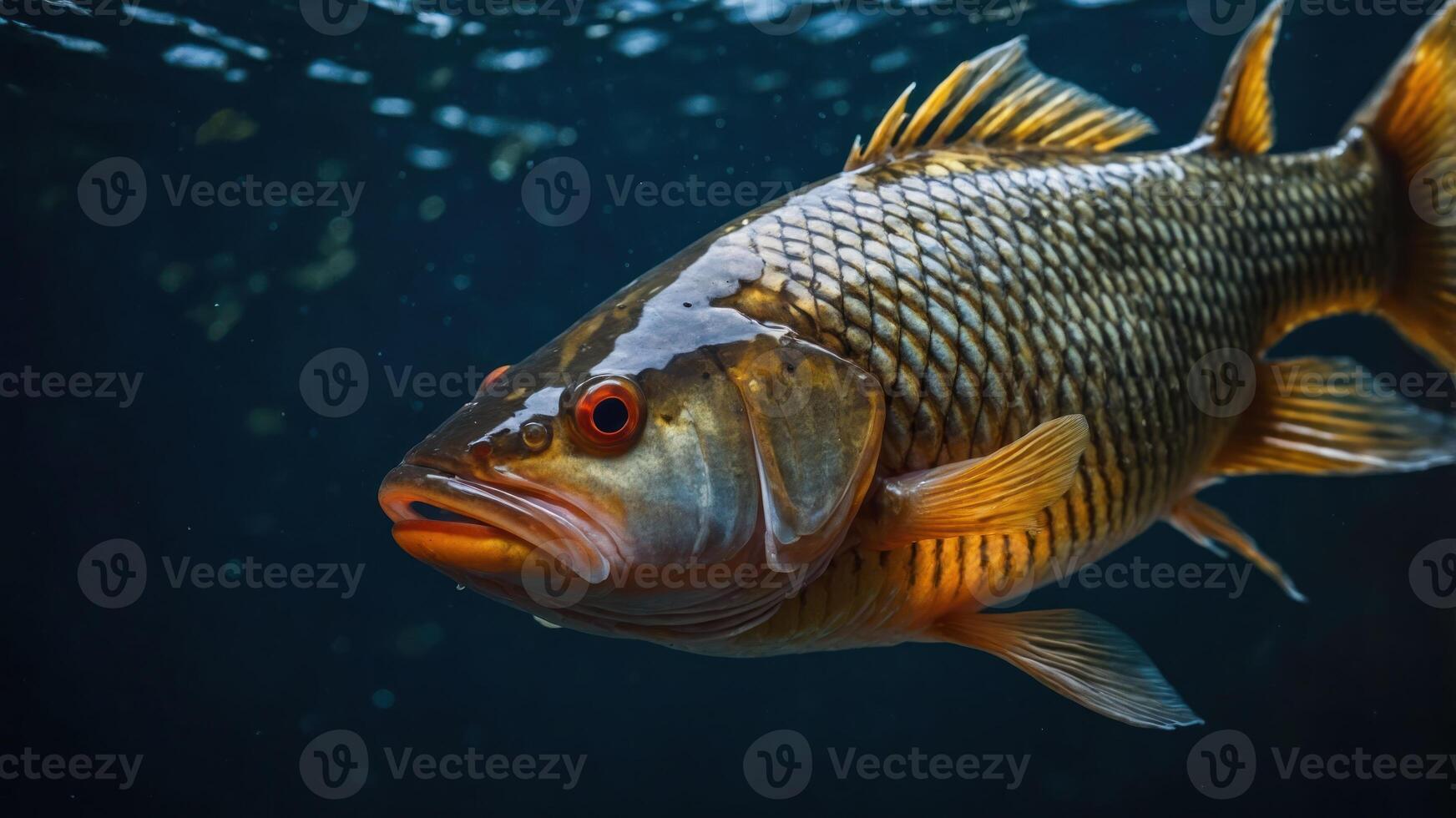 A close-up view of a fish swimming underwater, showcasing its vibrant colors and details. photo